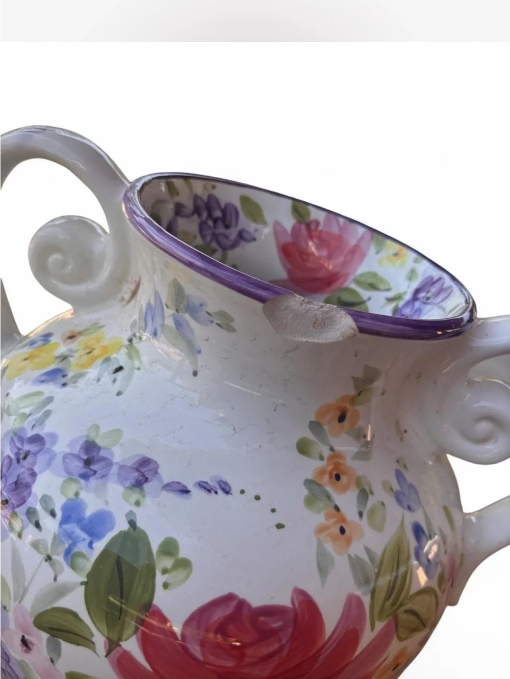 Hand-Painted Floral Two-Handled Ceramic Vase - White with Red & Purple Flowers